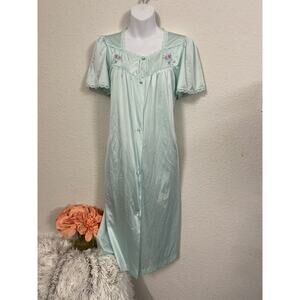 90s Vintage Lorraine Blue Nightgown Nylon Embroidery Lace Made USA Size M silky